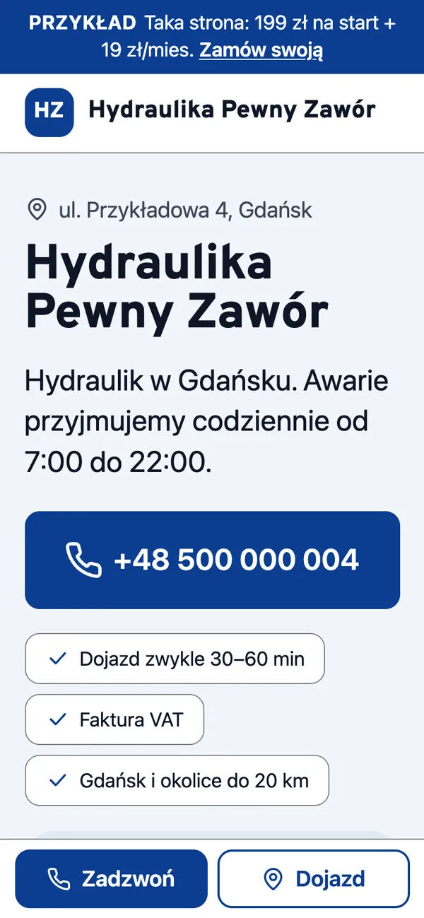 Przykładowa strona hydraulika na telefonie