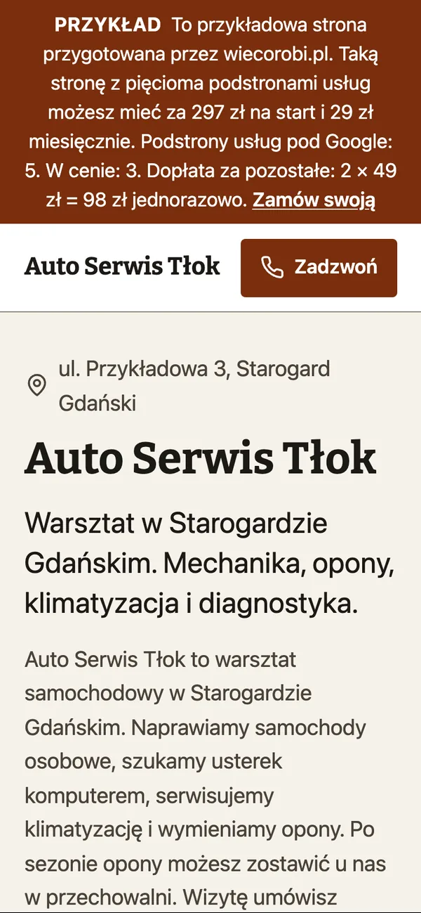 Przykładowa strona warsztatu samochodowego na telefonie
